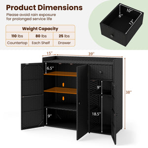 Outdoor PE Wicker Storage Cabinet with 3 Doors and Adjustable Shelves and Drawer-Black view 5