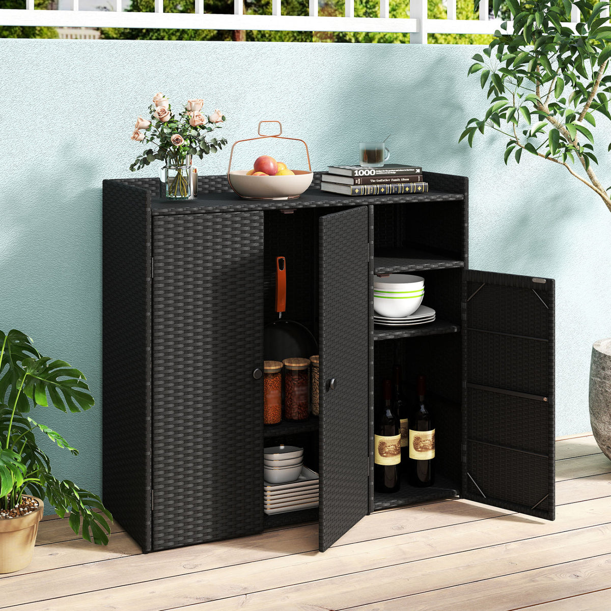 Outdoor PE Wicker Storage Cabinet with 3 Doors and Adjustable Shelves and Drawer-Black view 6