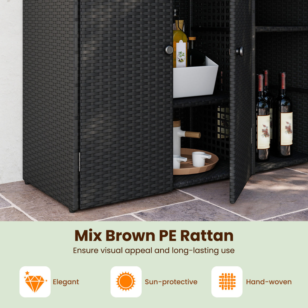 Outdoor PE Wicker Storage Cabinet with 3 Doors and Adjustable Shelves and Drawer-Black view 7