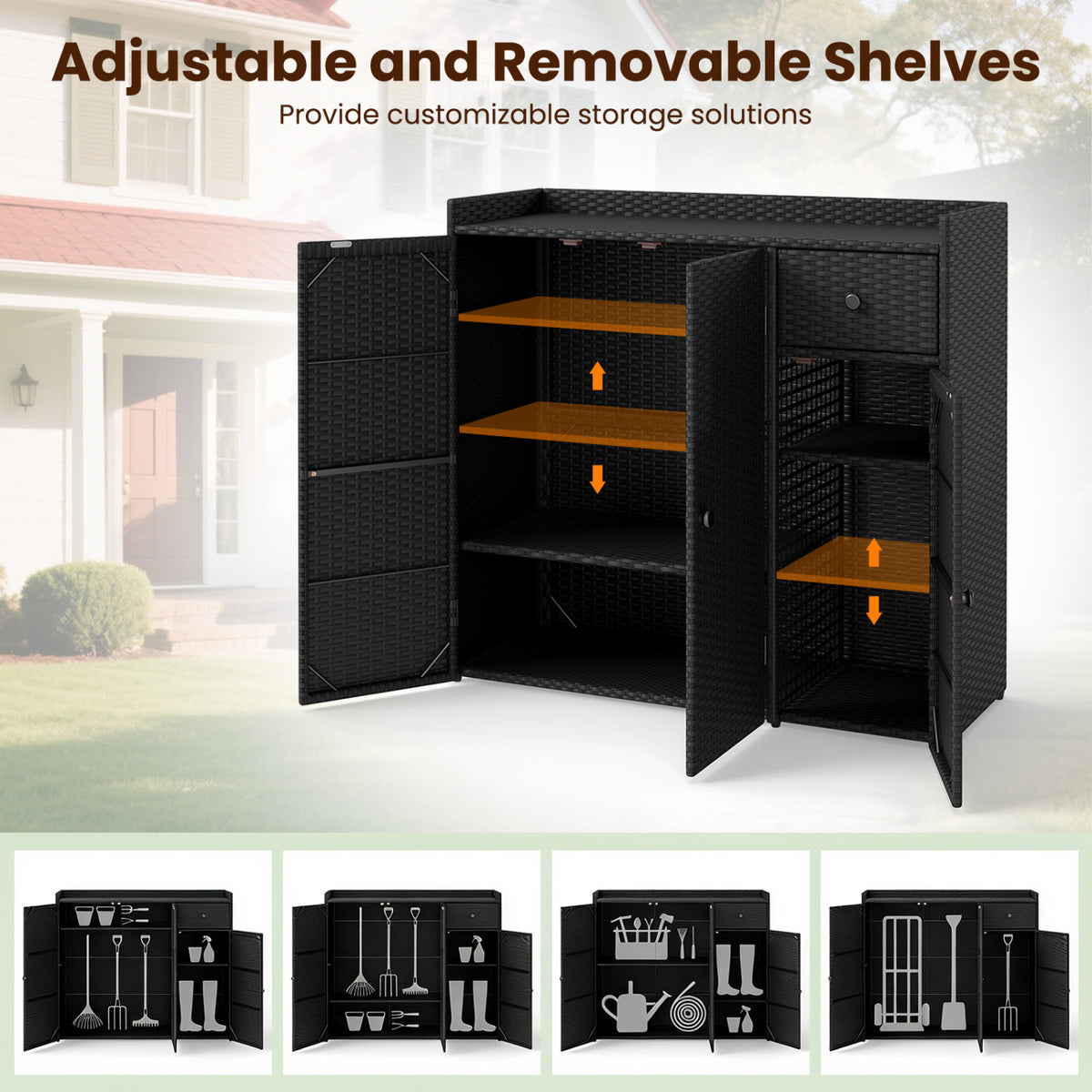 Outdoor PE Wicker Storage Cabinet with 3 Doors and Adjustable Shelves and Drawer-Black view 8
