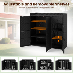 Outdoor PE Wicker Storage Cabinet with 3 Doors and Adjustable Shelves and Drawer-Black view 8