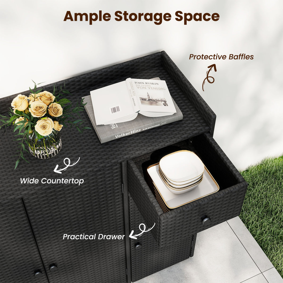 Outdoor PE Wicker Storage Cabinet with 3 Doors and Adjustable Shelves and Drawer-Black view 9
