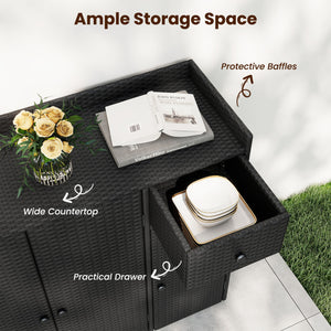 Outdoor PE Wicker Storage Cabinet with 3 Doors and Adjustable Shelves and Drawer-Black view 9