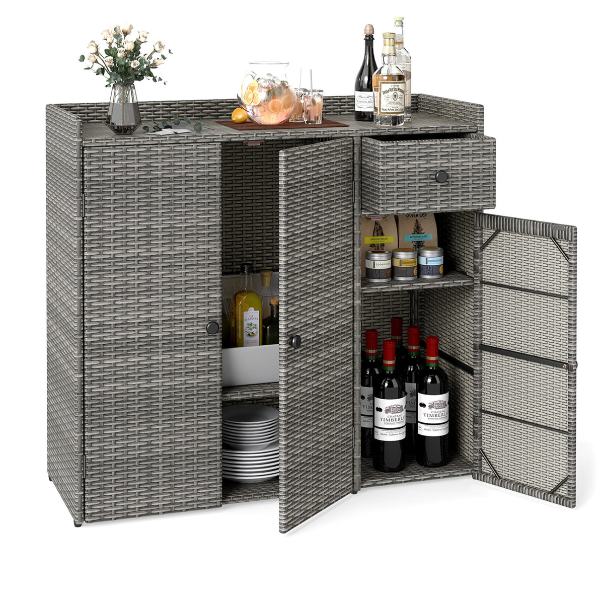 Outdoor PE Wicker Storage Cabinet with 3 Doors and Adjustable Shelves and Drawer-Gray