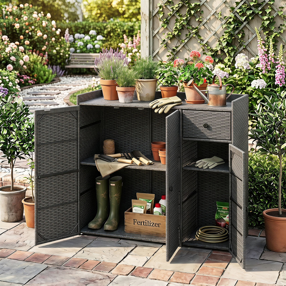 Outdoor PE Wicker Storage Cabinet with 3 Doors and Adjustable Shelves and Drawer-Gray view 2