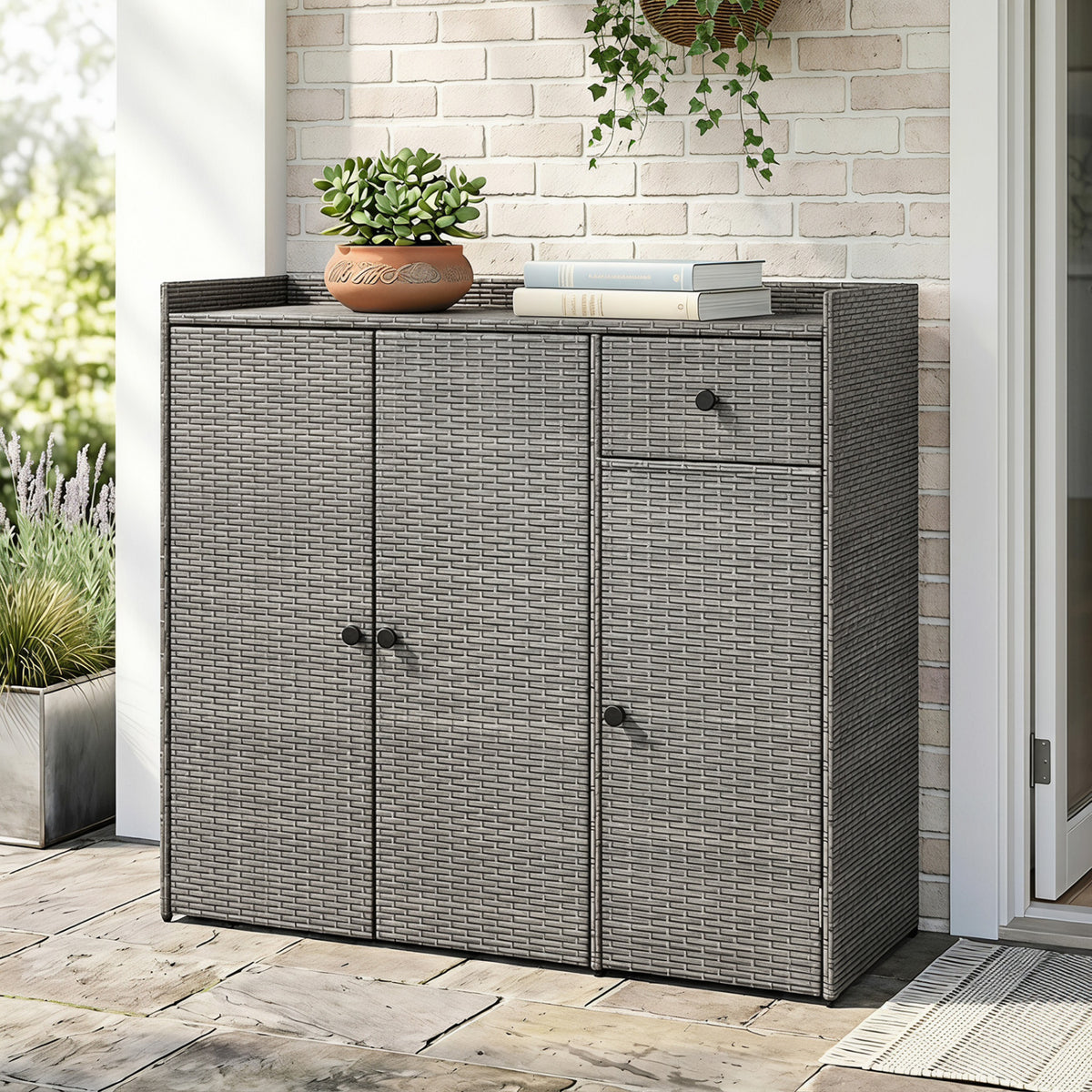 Outdoor PE Wicker Storage Cabinet with 3 Doors and Adjustable Shelves and Drawer-Gray view 3