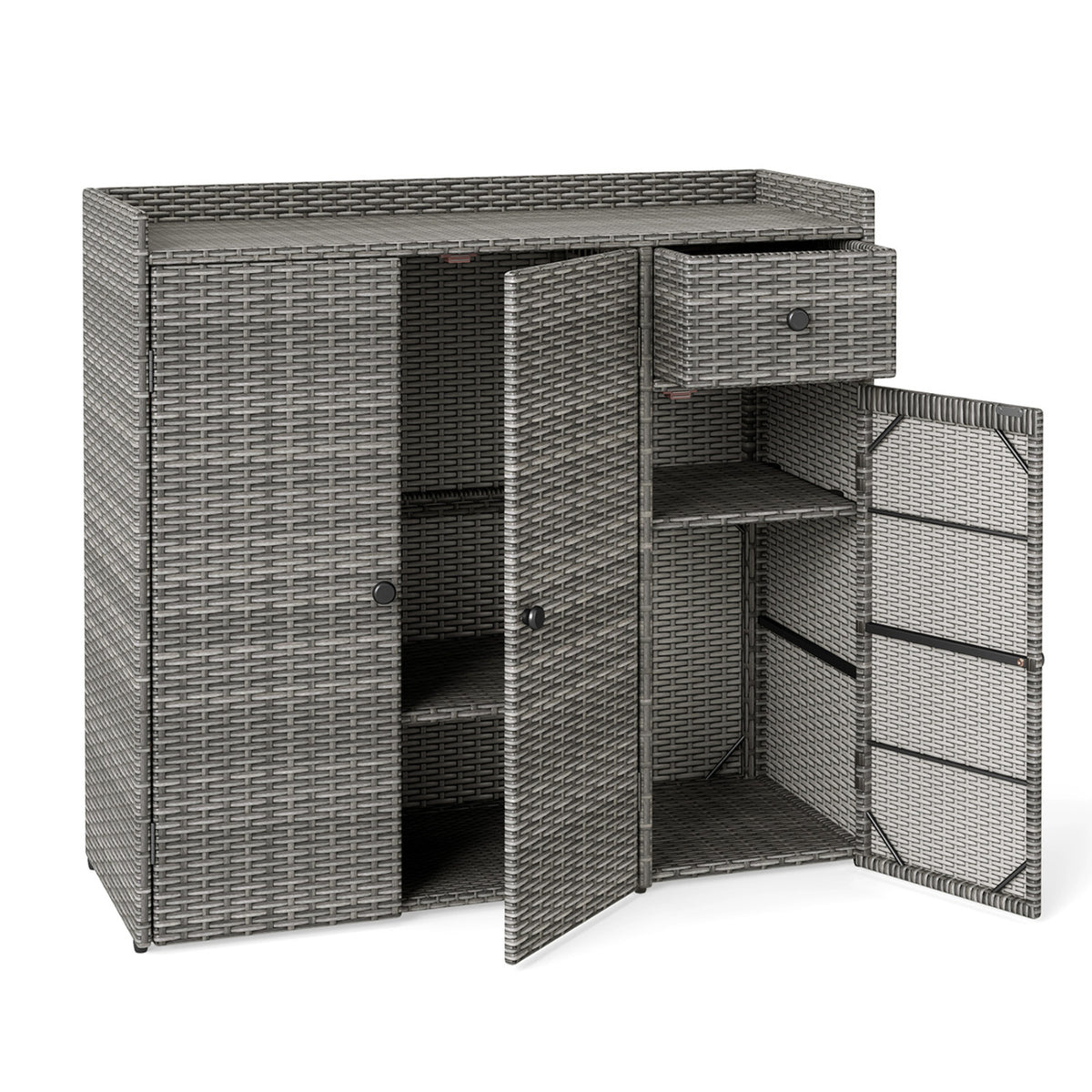 Outdoor PE Wicker Storage Cabinet with 3 Doors and Adjustable Shelves and Drawer-Gray view 4