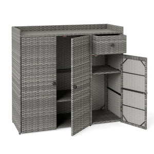 Outdoor PE Wicker Storage Cabinet with 3 Doors and Adjustable Shelves and Drawer-Gray view 4