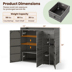 Outdoor PE Wicker Storage Cabinet with 3 Doors and Adjustable Shelves and Drawer-Gray view 5