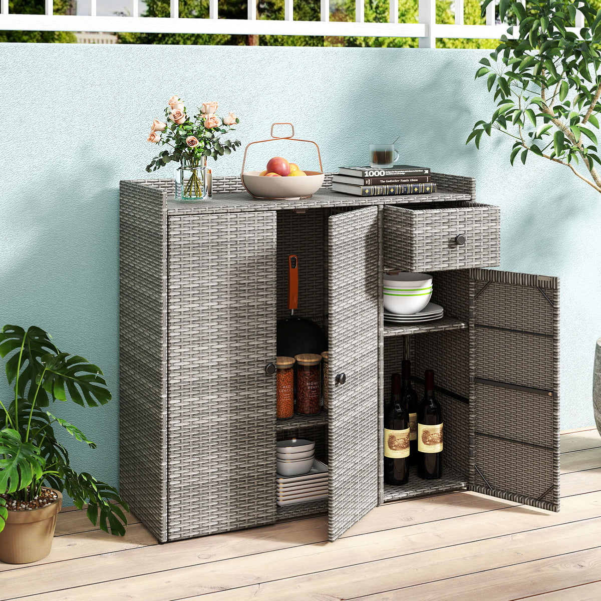 Outdoor PE Wicker Storage Cabinet with 3 Doors and Adjustable Shelves and Drawer-Gray view 6