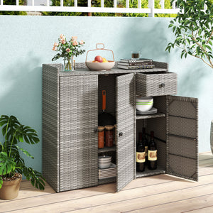 Outdoor PE Wicker Storage Cabinet with 3 Doors and Adjustable Shelves and Drawer-Gray view 6
