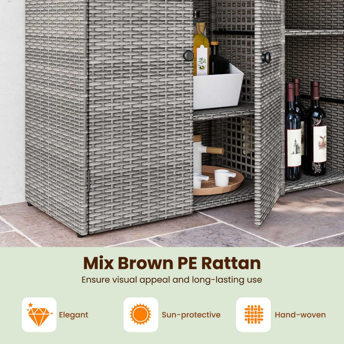 Outdoor PE Wicker Storage Cabinet with 3 Doors and Adjustable Shelves and Drawer-Gray view 7