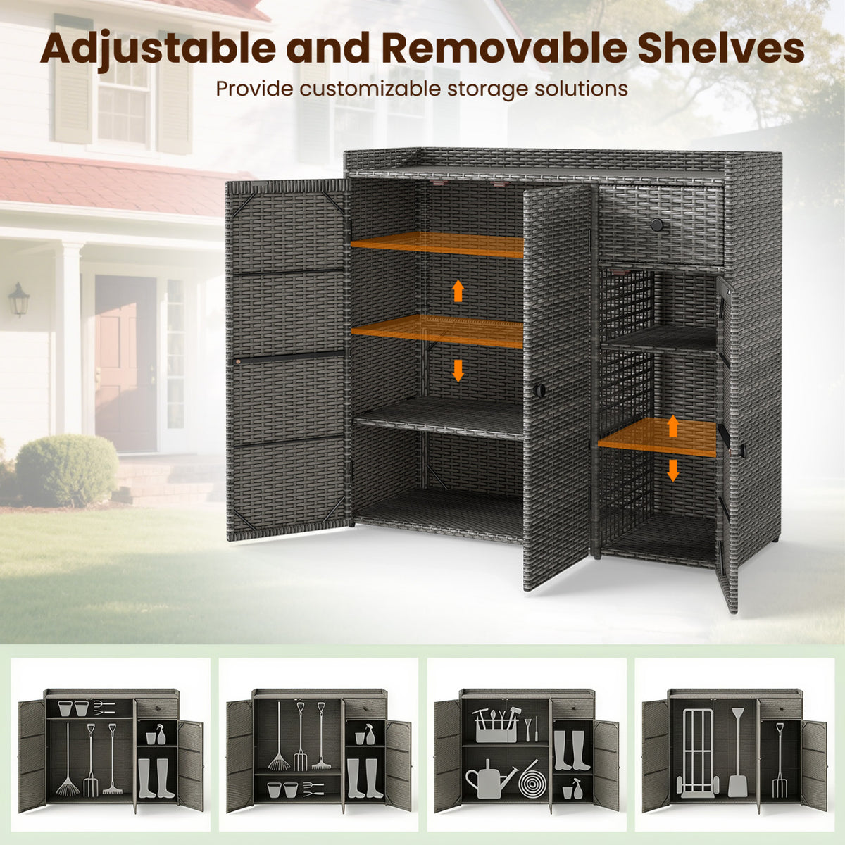 Outdoor PE Wicker Storage Cabinet with 3 Doors and Adjustable Shelves and Drawer-Gray view 8