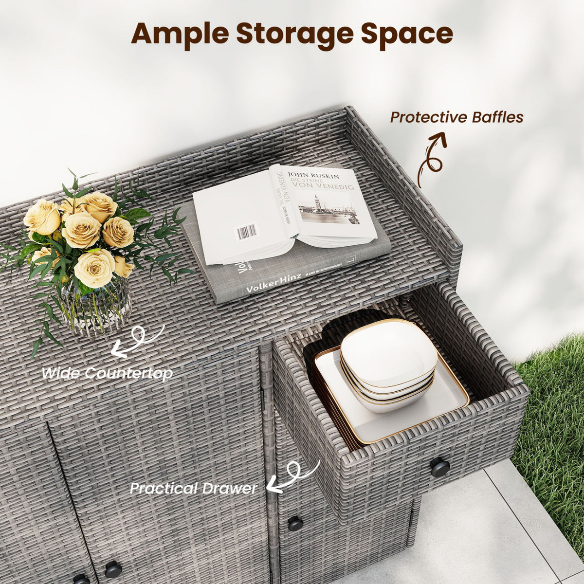 Outdoor PE Wicker Storage Cabinet with 3 Doors and Adjustable Shelves and Drawer-Gray view 9