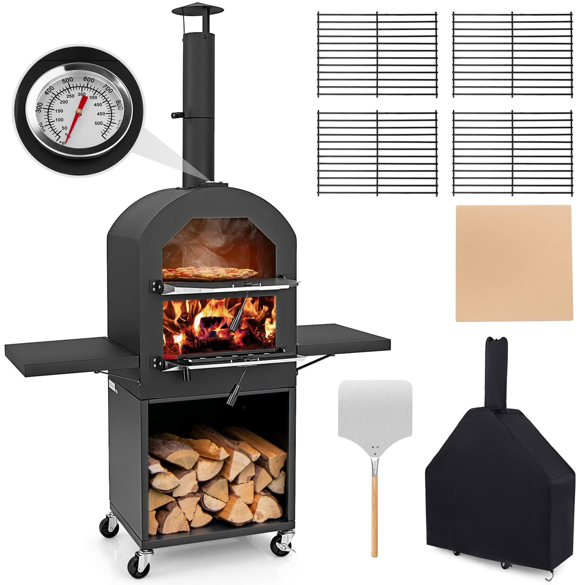 Outdoor Pizza Oven with Protective Cover and Grill Racks and Built-in Thermometer view 3