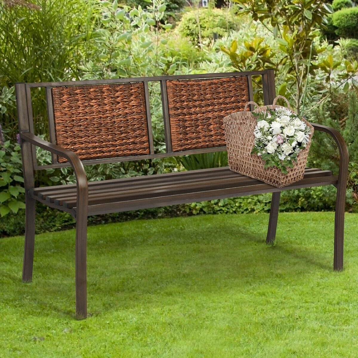 Outdoor Porch Furniture Patio Garden Bench Steel Frame Rattan view 2