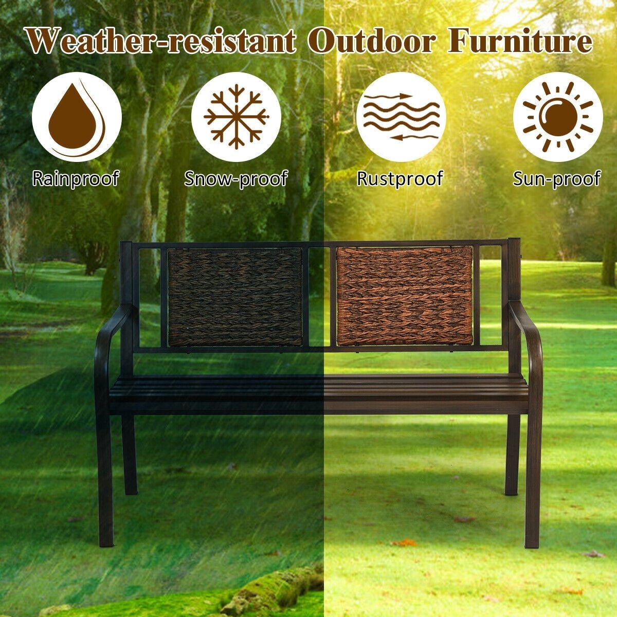 Outdoor Porch Furniture Patio Garden Bench Steel Frame Rattan view 3