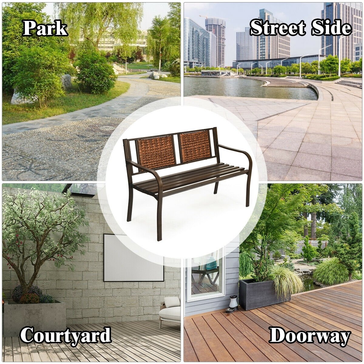 Outdoor Porch Furniture Patio Garden Bench Steel Frame Rattan view 5
