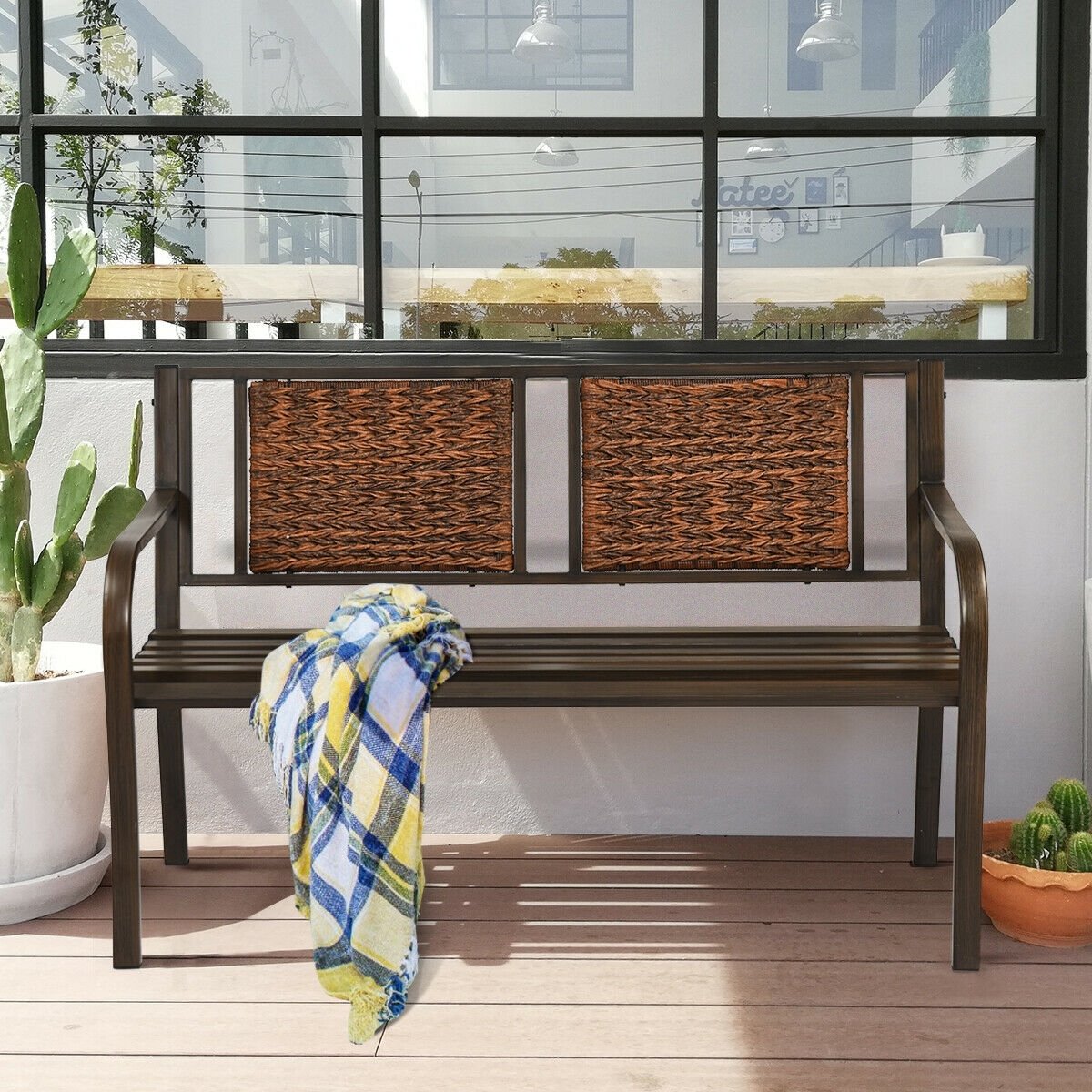 Outdoor Porch Furniture Patio Garden Bench Steel Frame Rattan view 6