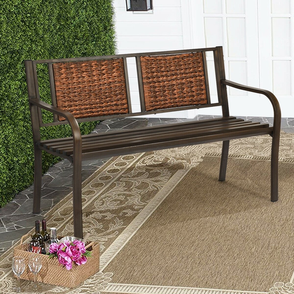 Outdoor Porch Furniture Patio Garden Bench Steel Frame Rattan view 7