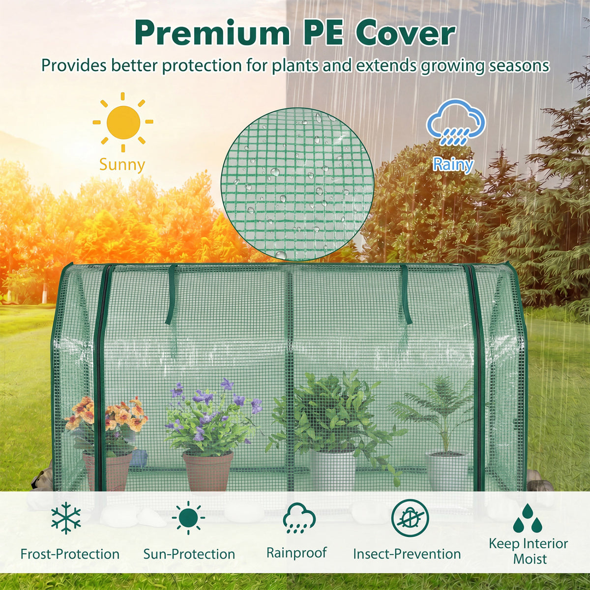 Outdoor Portable Mini Greenhouse with PE Cover and Zippered Door for Vegetables-Green view 5
