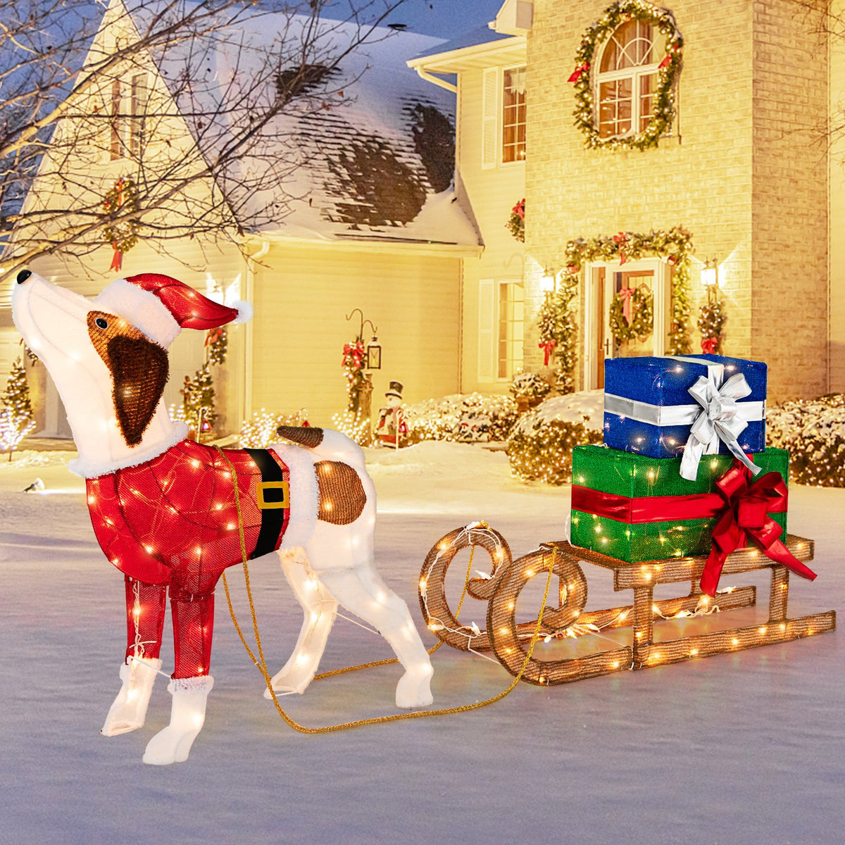 Outdoor Pre-lit Xmas Dog and Sleigh with 170 Warm Bright Lights for Porch view 2