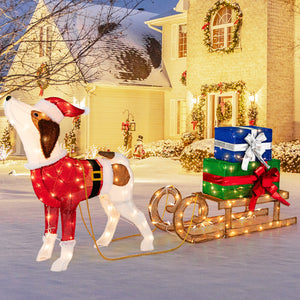 Outdoor Pre-lit Xmas Dog and Sleigh with 170 Warm Bright Lights for Porch view 2