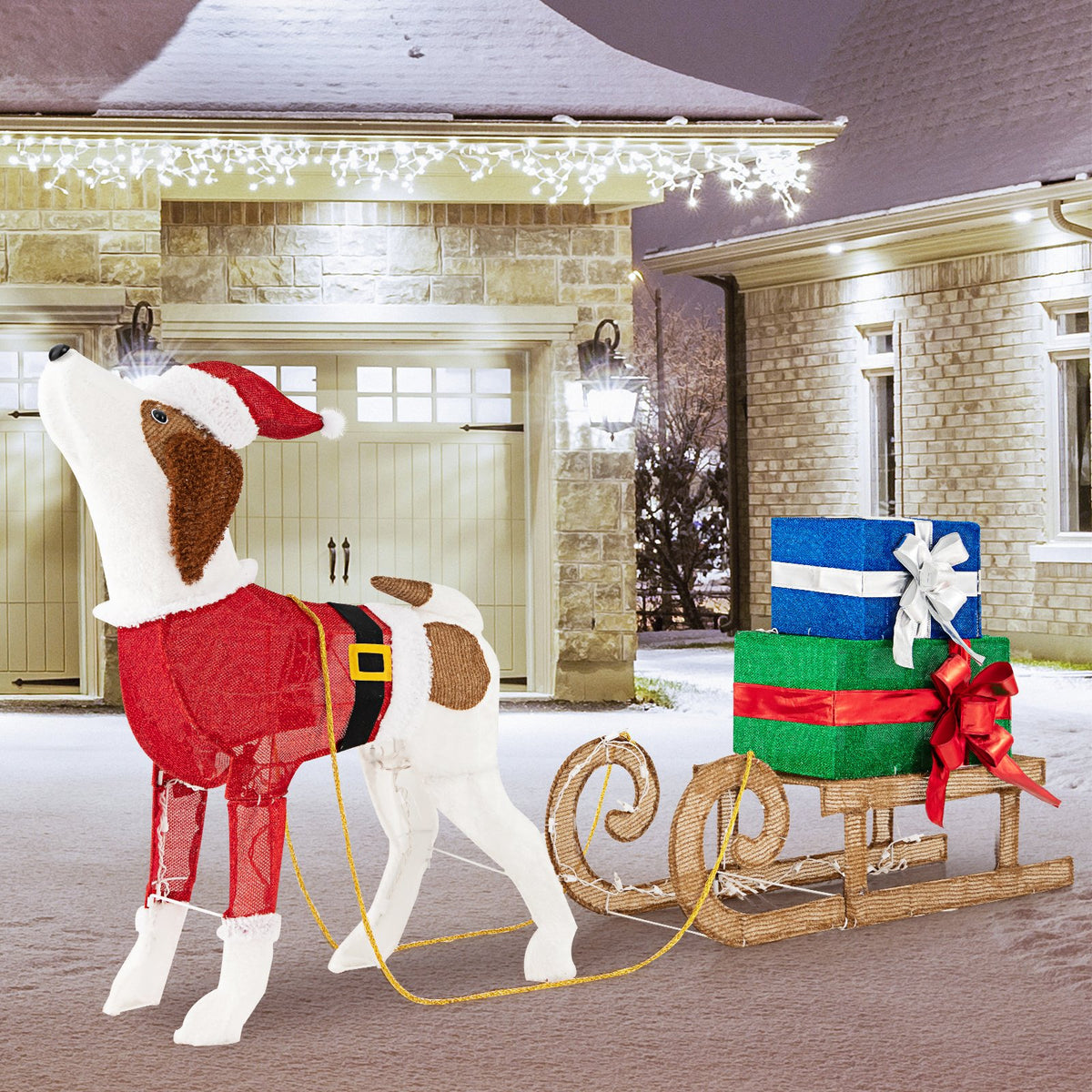 Outdoor Pre-lit Xmas Dog and Sleigh with 170 Warm Bright Lights for Porch view 3