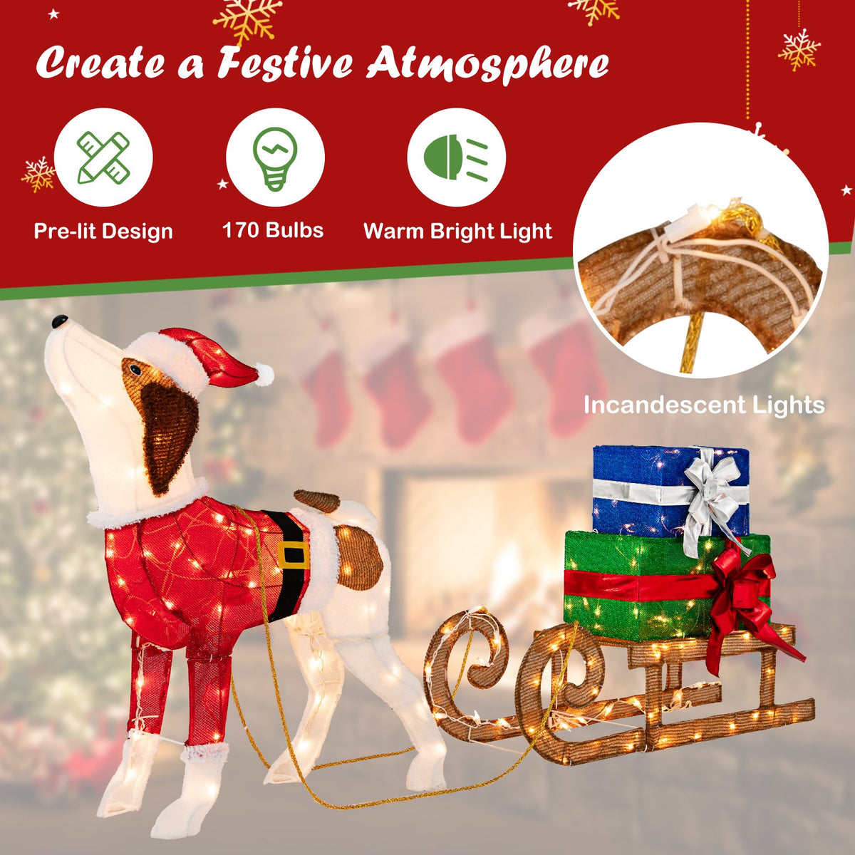 Outdoor Pre-lit Xmas Dog and Sleigh with 170 Warm Bright Lights for Porch view 4