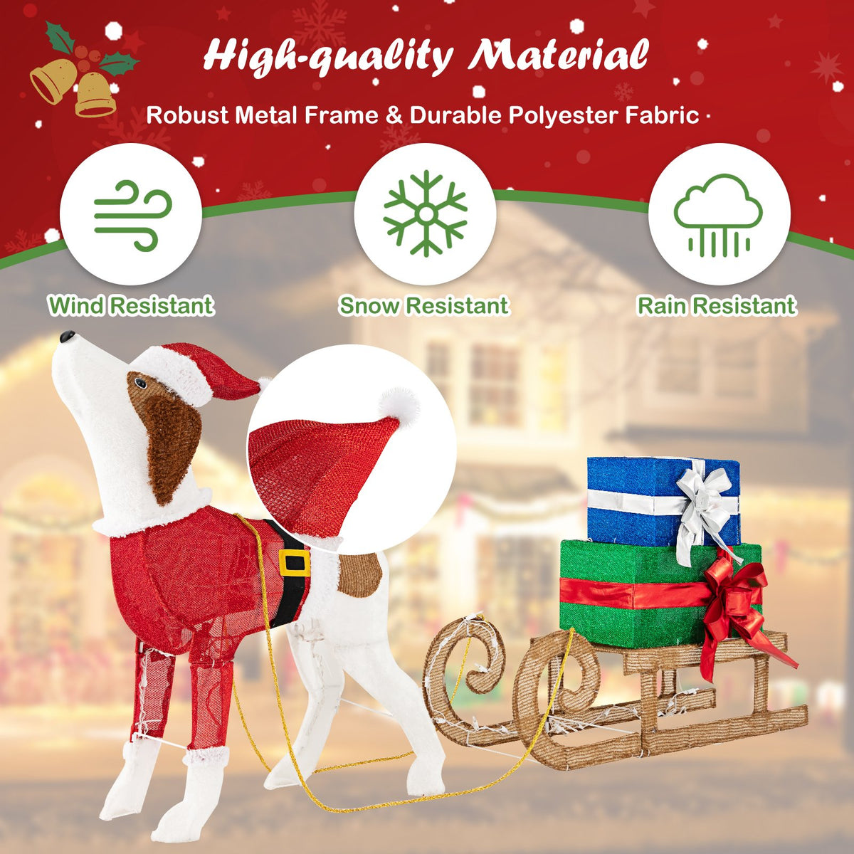 Outdoor Pre-lit Xmas Dog and Sleigh with 170 Warm Bright Lights for Porch view 5