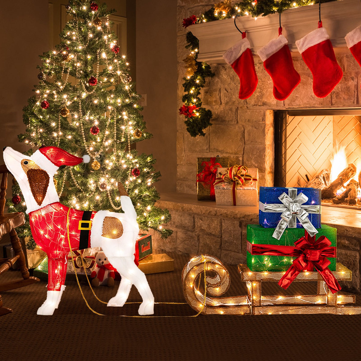 Outdoor Pre-lit Xmas Dog and Sleigh with 170 Warm Bright Lights for Porch view 7