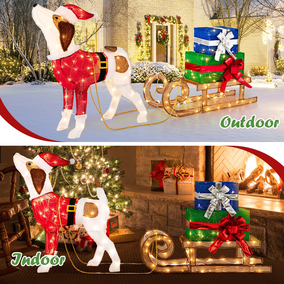 Outdoor Pre-lit Xmas Dog and Sleigh with 170 Warm Bright Lights for Porch view 9