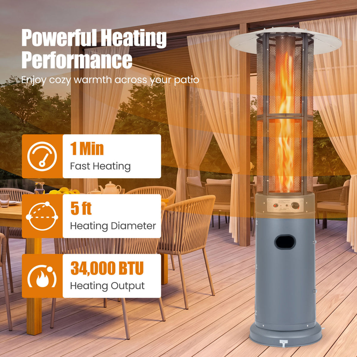 Outdoor Propane Patio Heater with Glass Tube and Tilt-Over Protection-Gray view 6