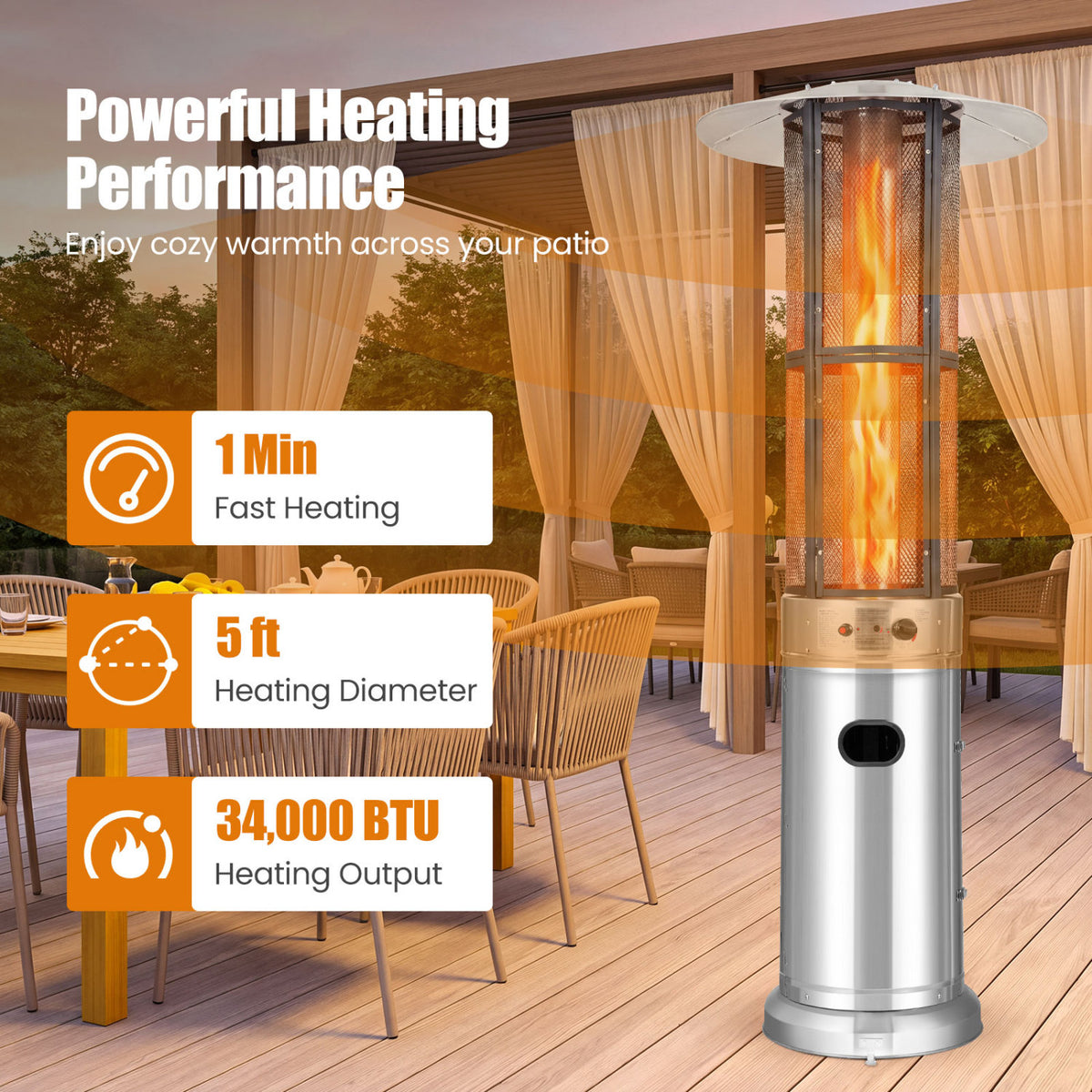 Outdoor Propane Patio Heater with Glass Tube and Tilt-Over Protection-Silver view 5