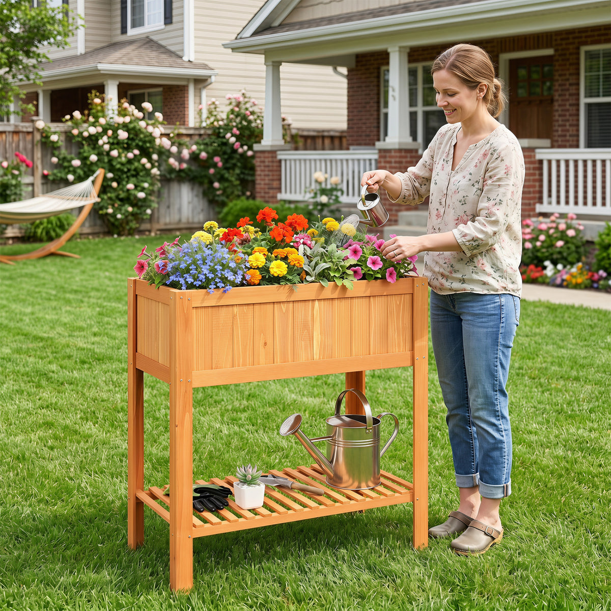 Outdoor Raised Garden Bed Fir Wood Planter Box with Bottom Storage Shelf and Protective Liner-Orange view 2
