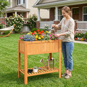 Outdoor Raised Garden Bed Fir Wood Planter Box with Bottom Storage Shelf and Protective Liner-Orange view 2