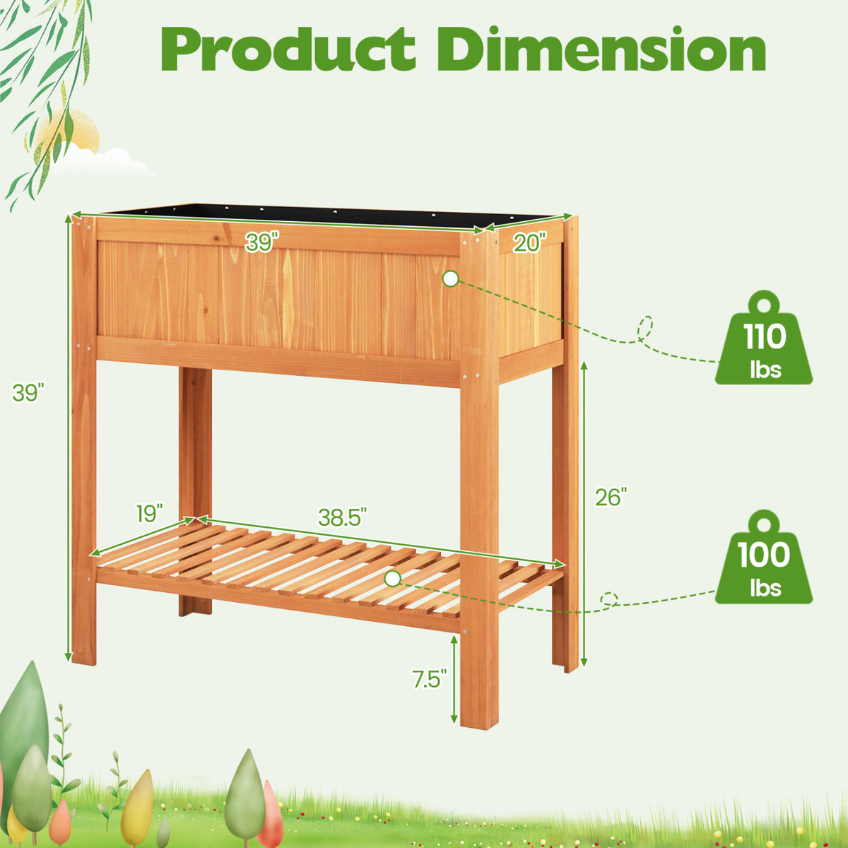Outdoor Raised Garden Bed Fir Wood Planter Box with Bottom Storage Shelf and Protective Liner-Orange view 4