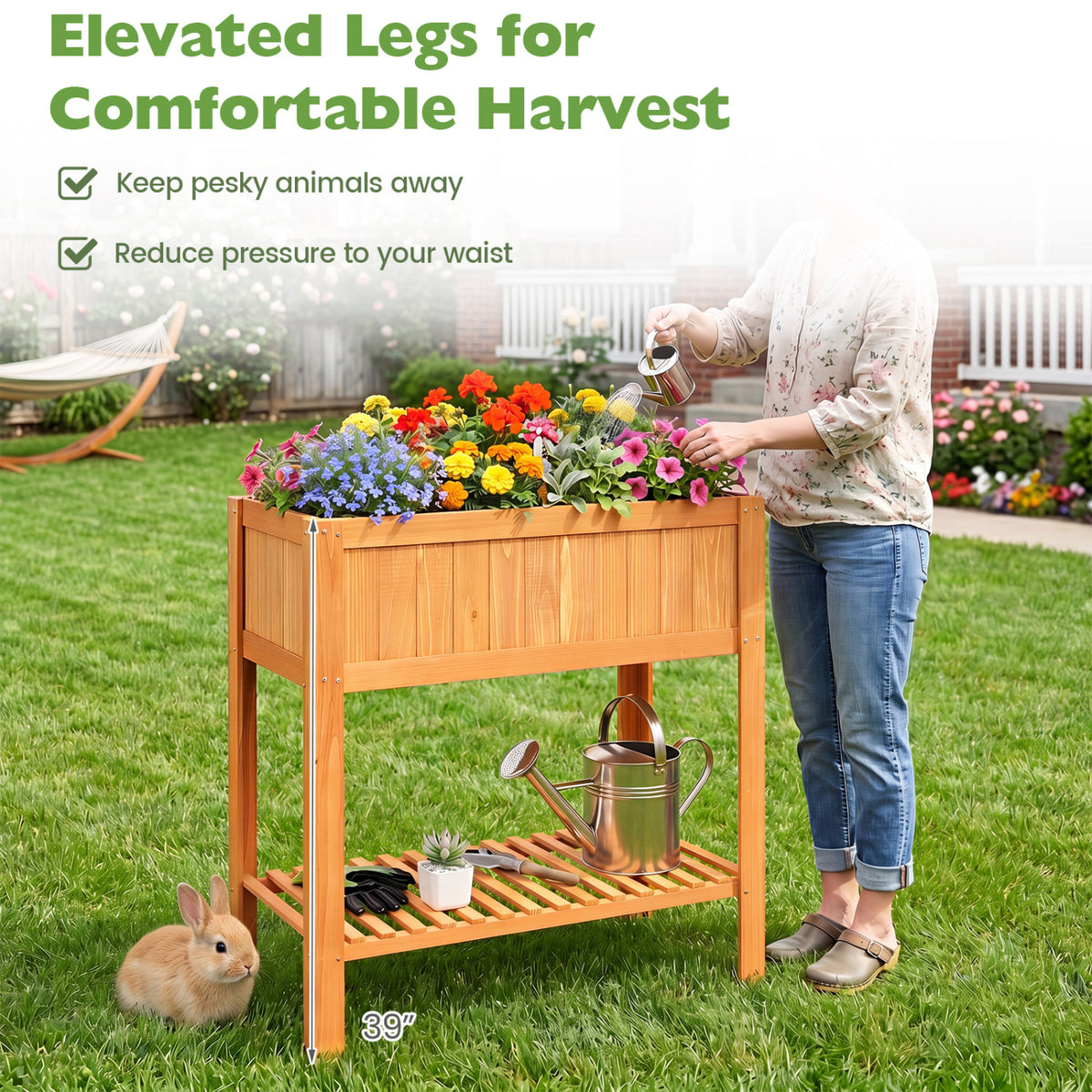 Outdoor Raised Garden Bed Fir Wood Planter Box with Bottom Storage Shelf and Protective Liner-Orange view 5