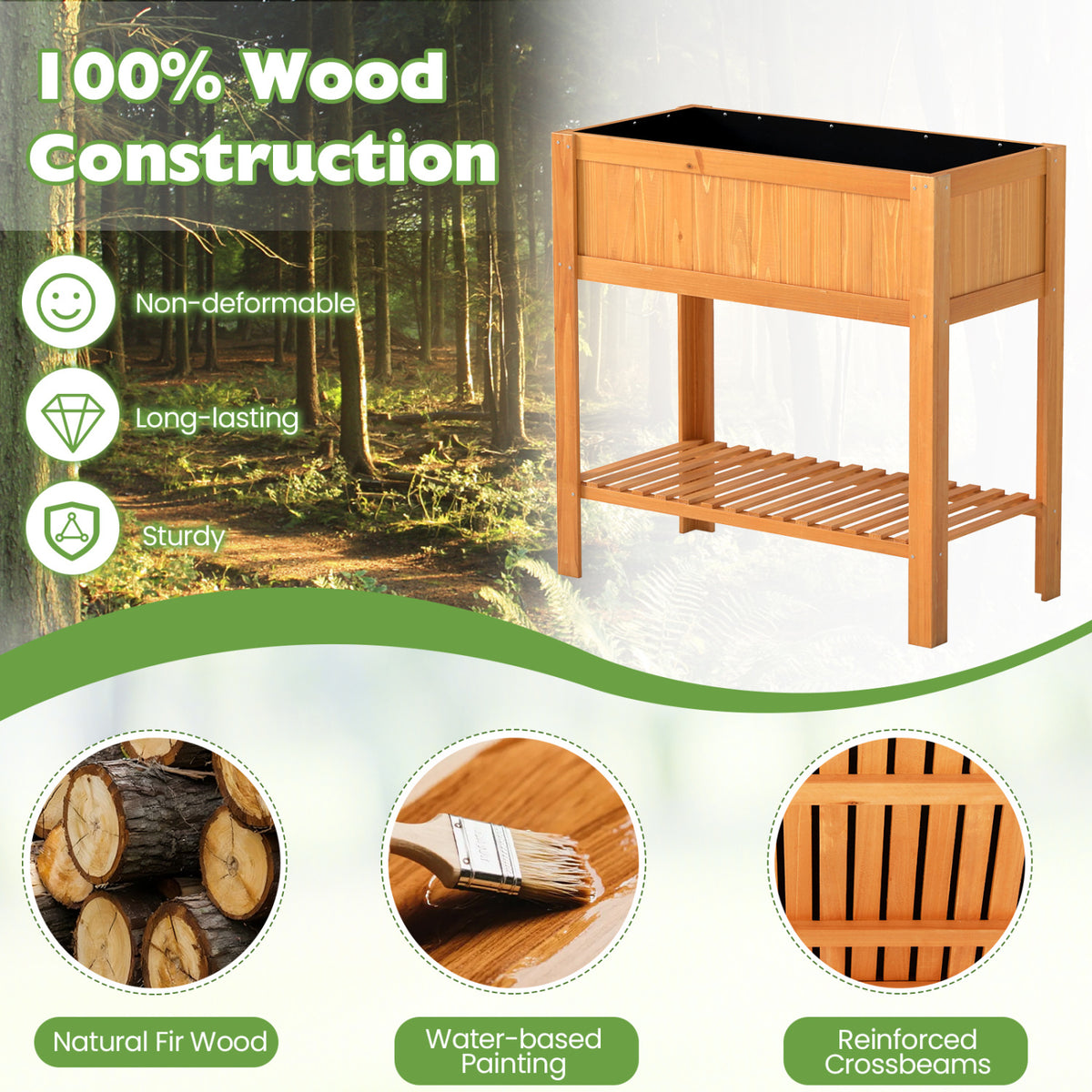 Outdoor Raised Garden Bed Fir Wood Planter Box with Bottom Storage Shelf and Protective Liner-Orange view 9