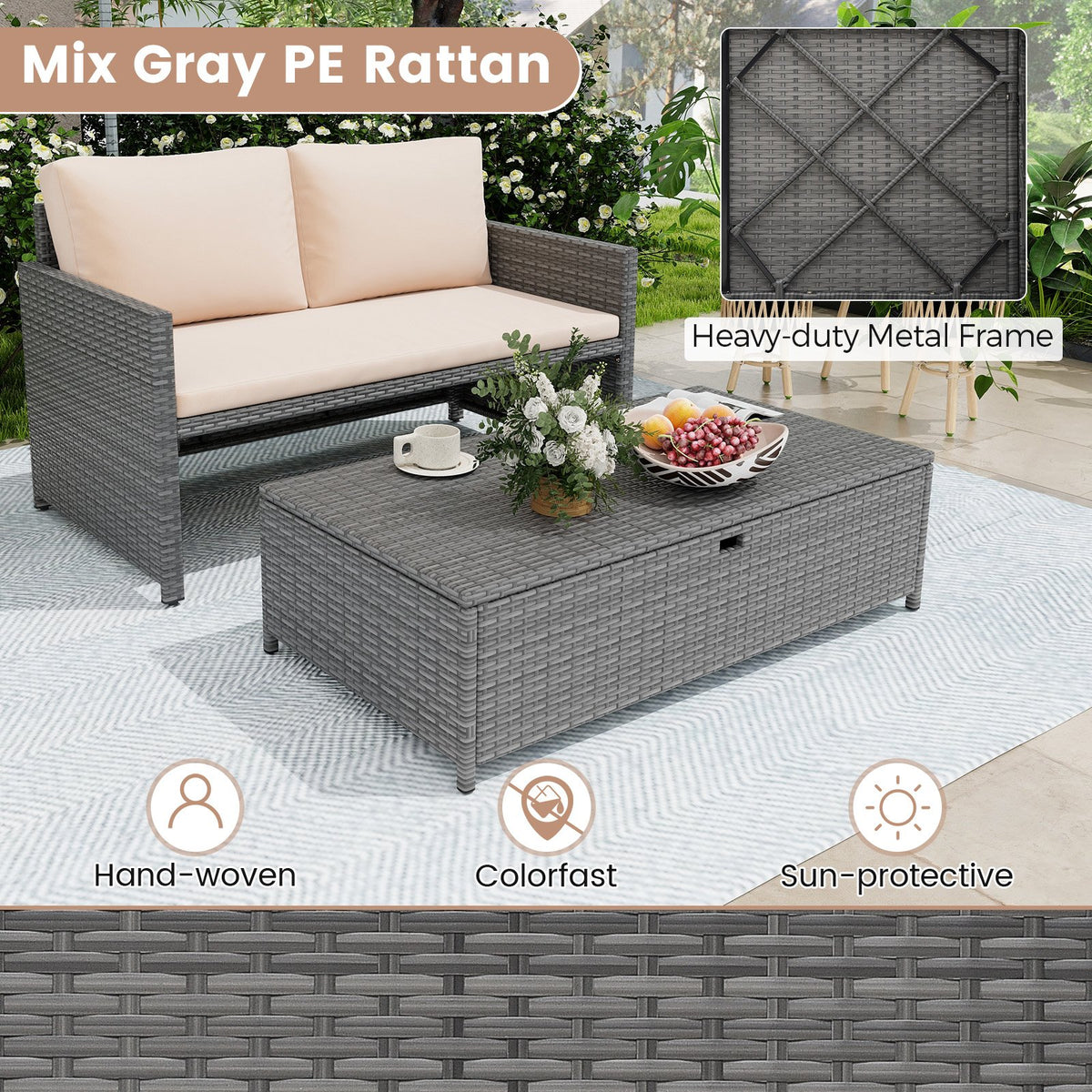 Outdoor Rattan Daybed Wicker Loveseat and 31 Gallon Storage Ottoman-Brown view 7