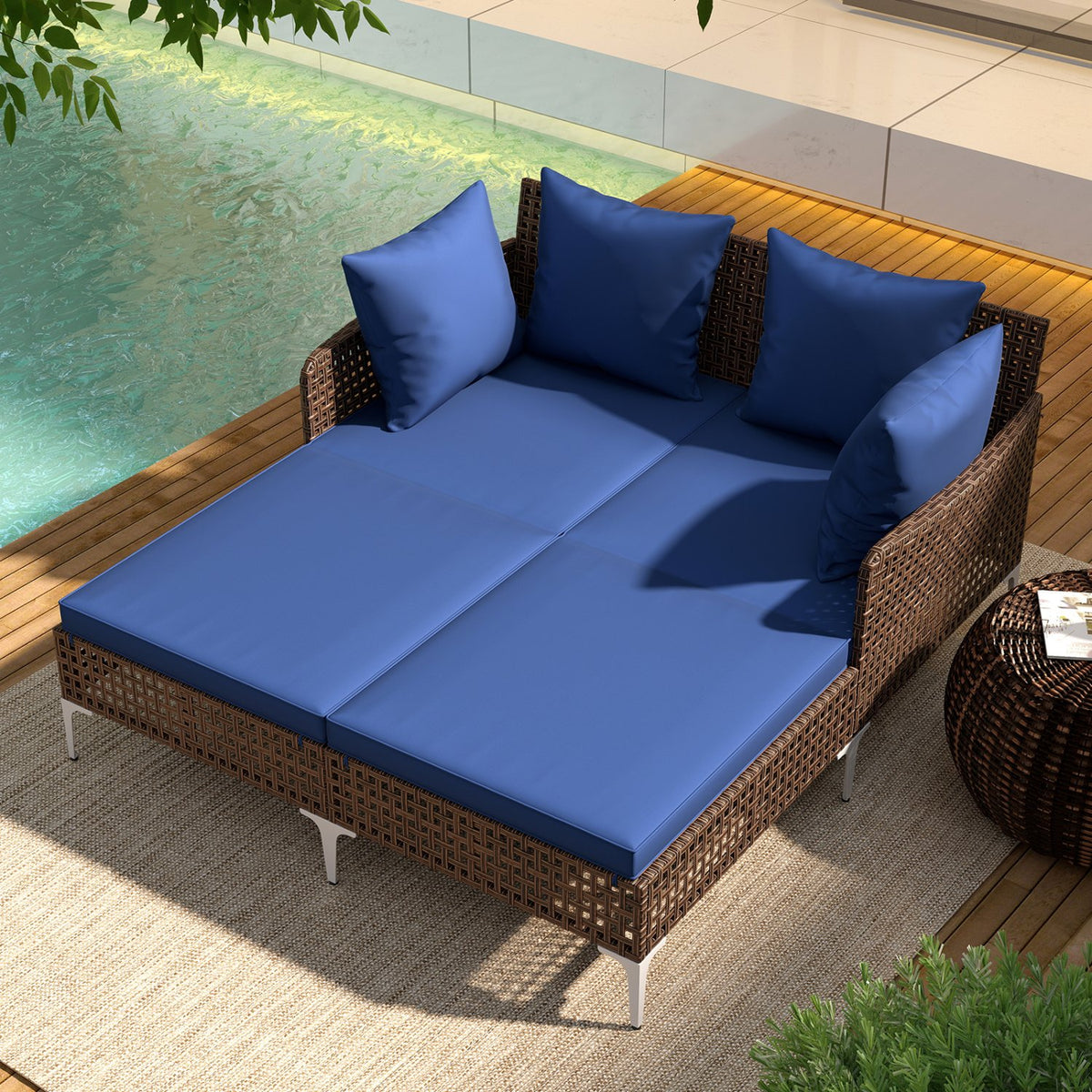 Outdoor Rattan Double Daybed Wicker Chaise Lounge-Navy view 2