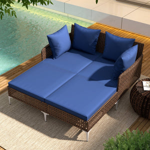 Outdoor Rattan Double Daybed Wicker Chaise Lounge-Navy view 2