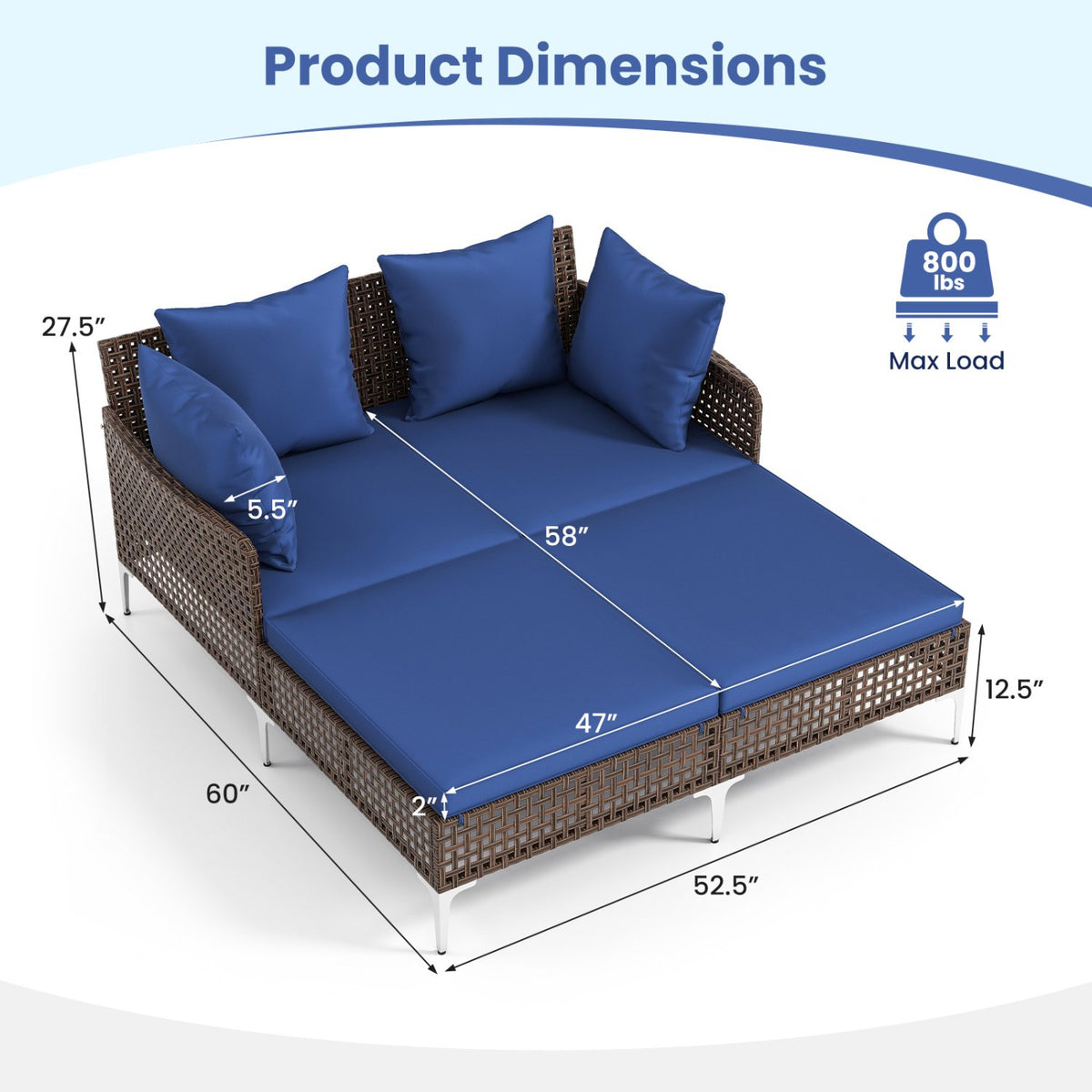 Outdoor Rattan Double Daybed Wicker Chaise Lounge-Navy view 4