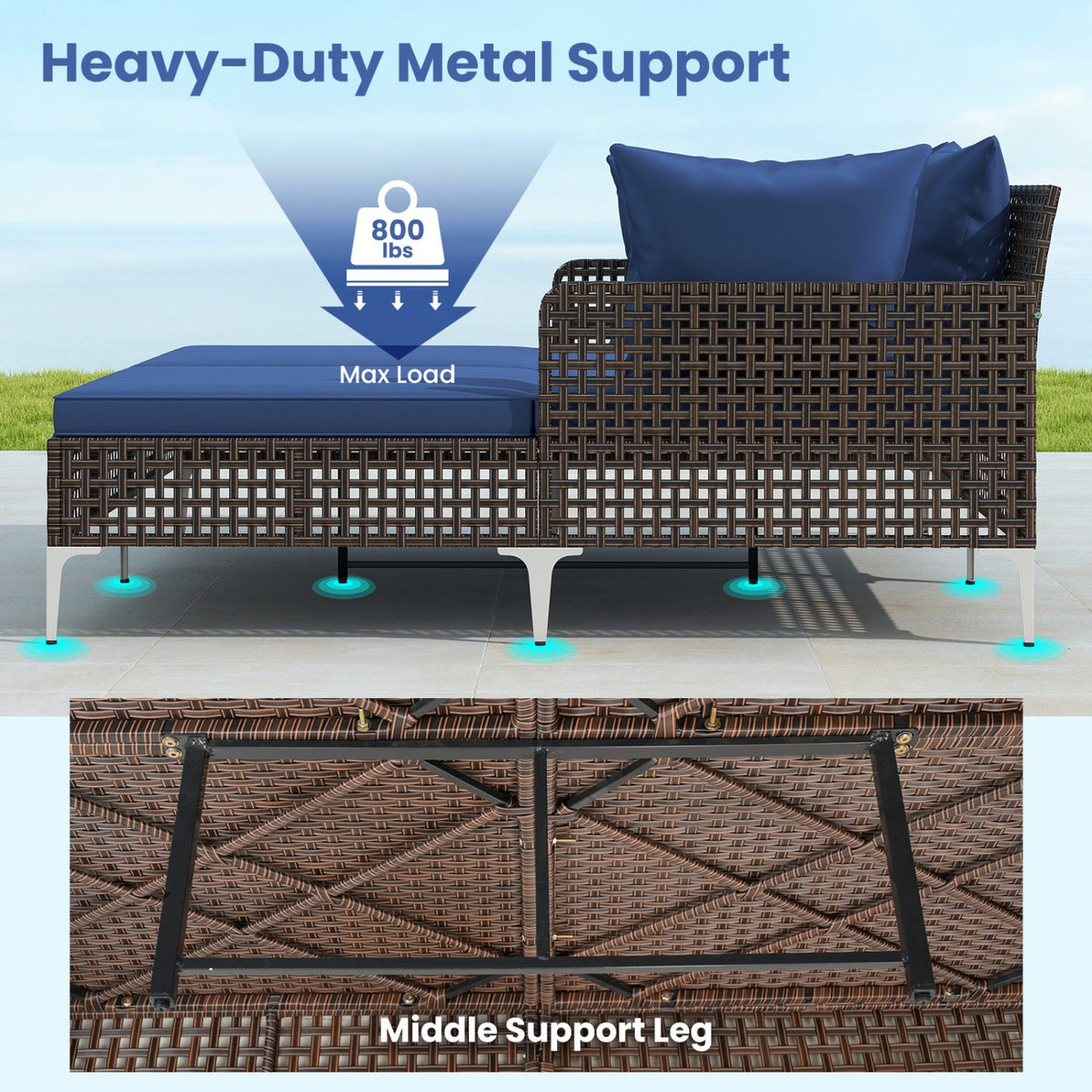 Outdoor Rattan Double Daybed Wicker Chaise Lounge-Navy view 8