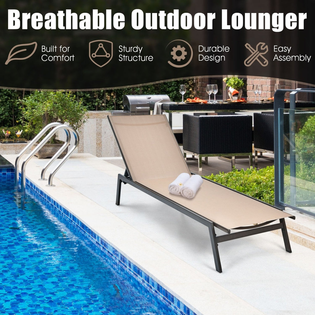 Outdoor Reclining Chaise Lounge Chair with 6-Position Adjustable Back-Brown view 3
