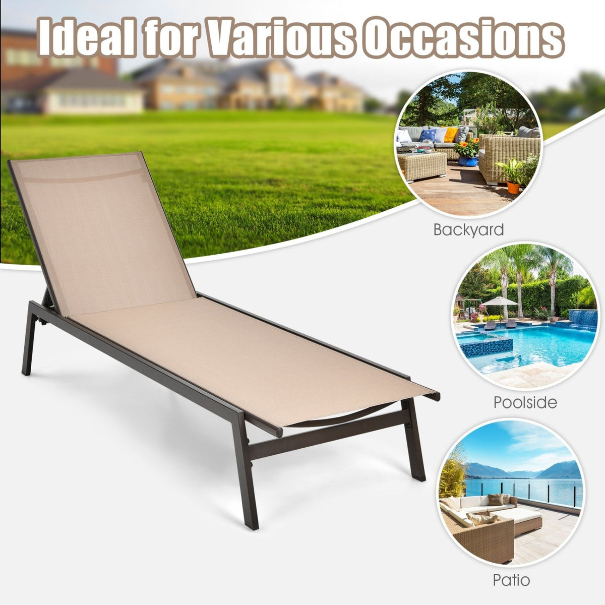 Outdoor Reclining Chaise Lounge Chair with 6-Position Adjustable Back-Brown view 5