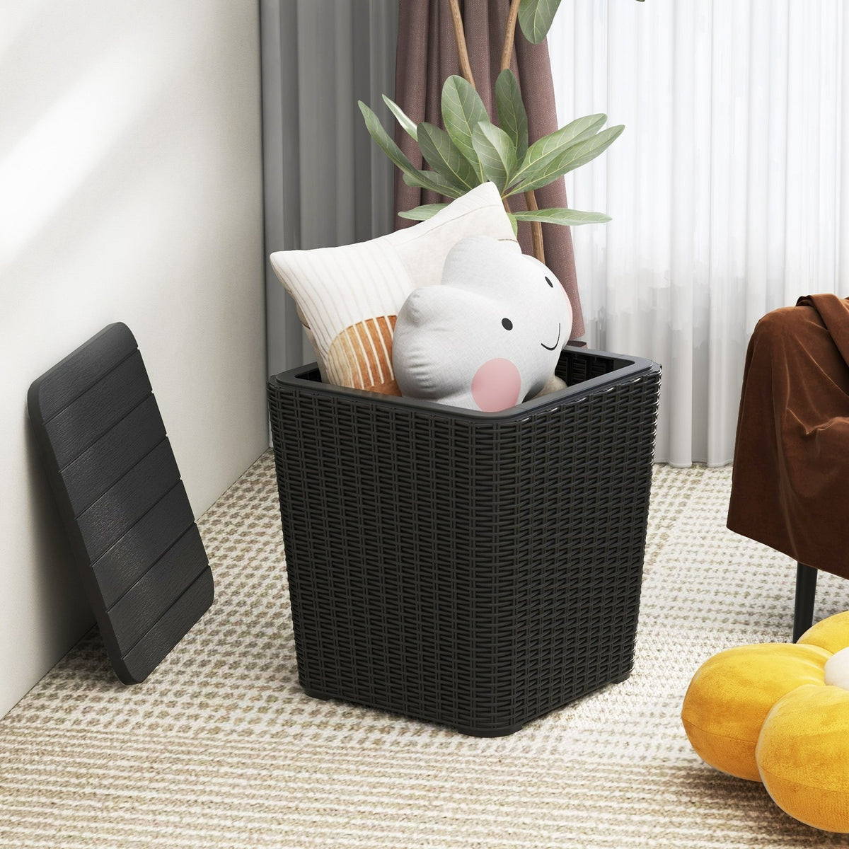 Outdoor Resin Storage Side Table with Removable Lid and Wicker-woven Accent-Black view 3