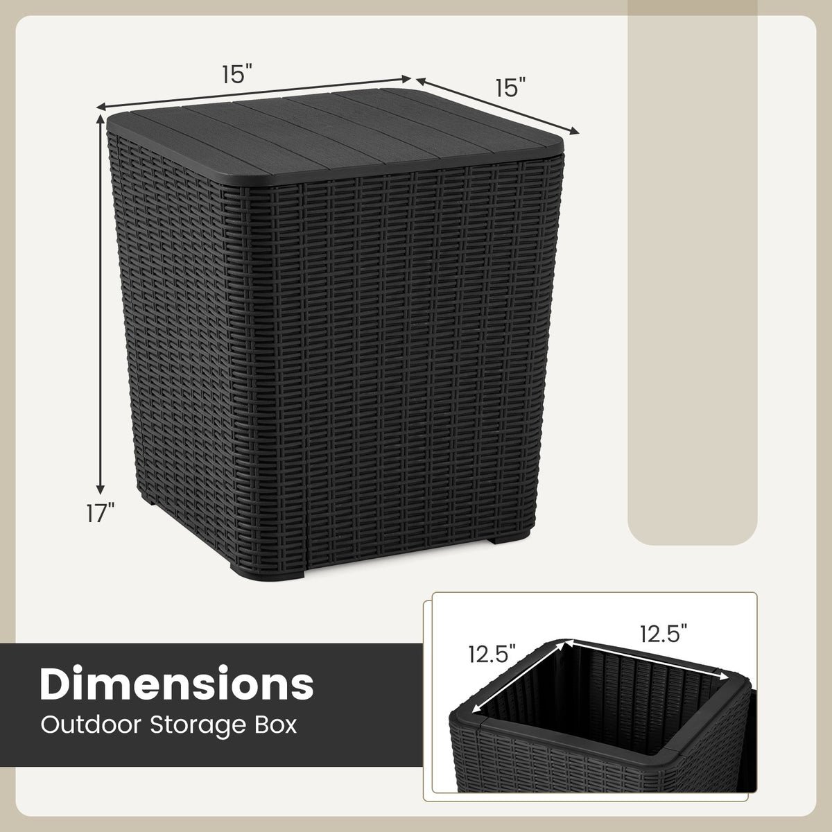 Outdoor Resin Storage Side Table with Removable Lid and Wicker-woven Accent-Black view 5