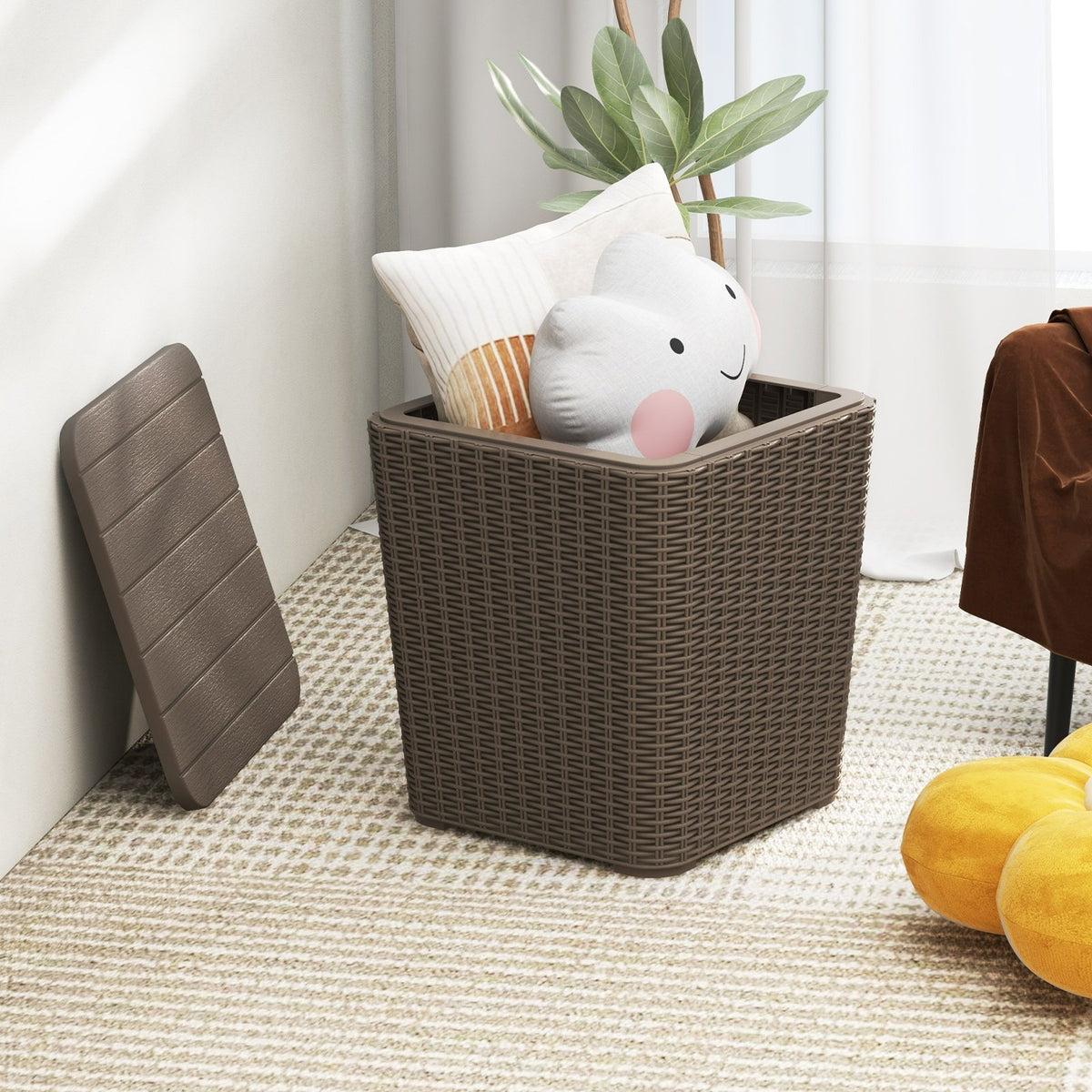 Outdoor Resin Storage Side Table with Removable Lid and Wicker-woven Accent-Coffee view 3