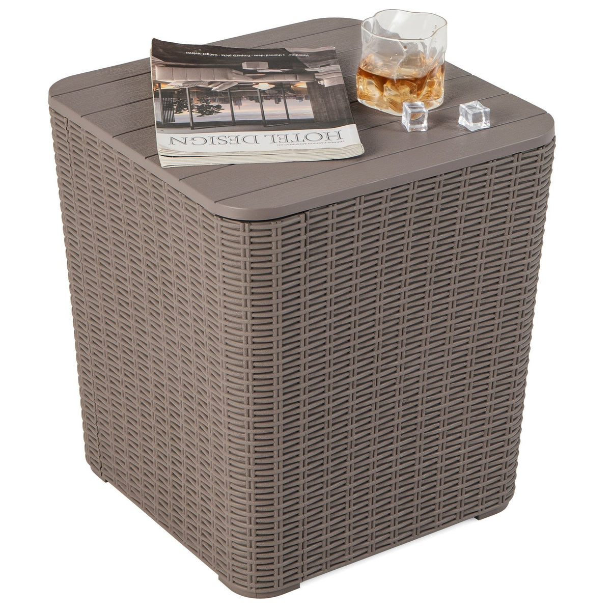 Outdoor Resin Storage Side Table with Removable Lid and Wicker-woven Accent-Coffee view 4